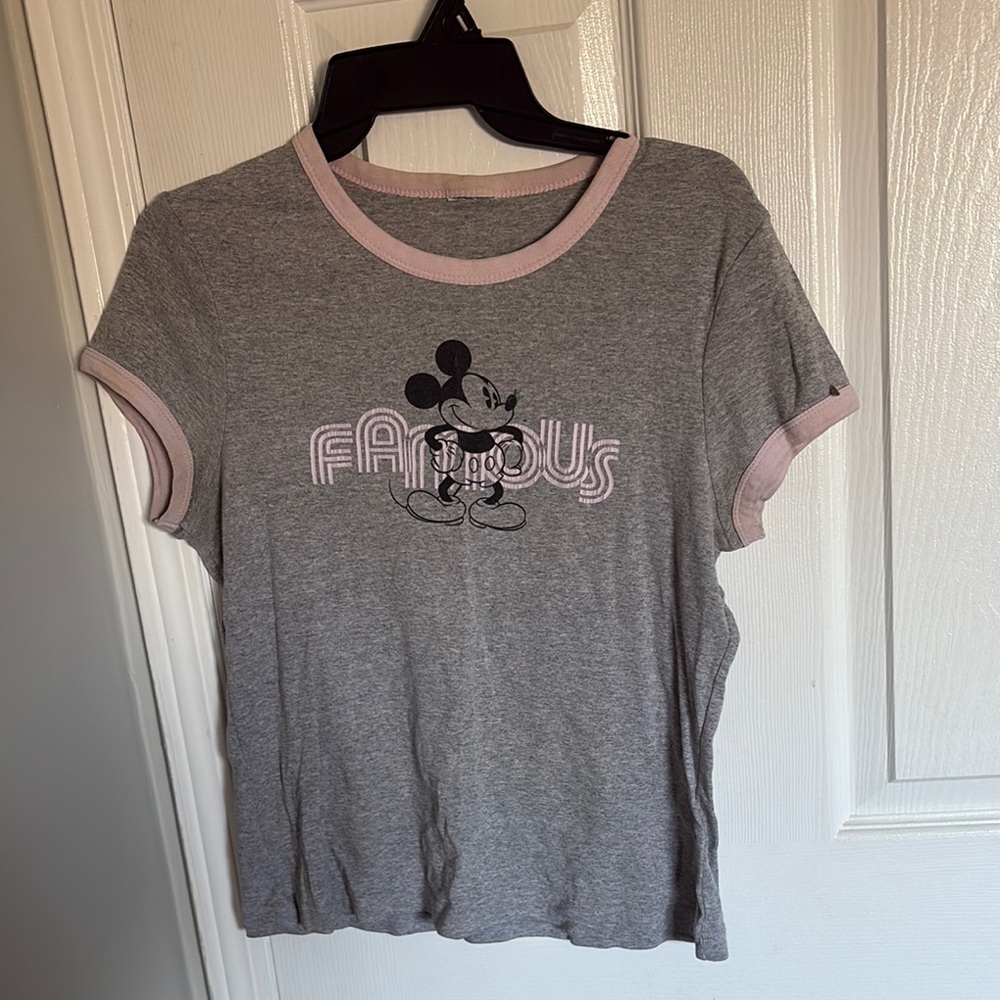Vintage Gray and Pink Short Sleeve Tee with Mickey Mouse Graphic